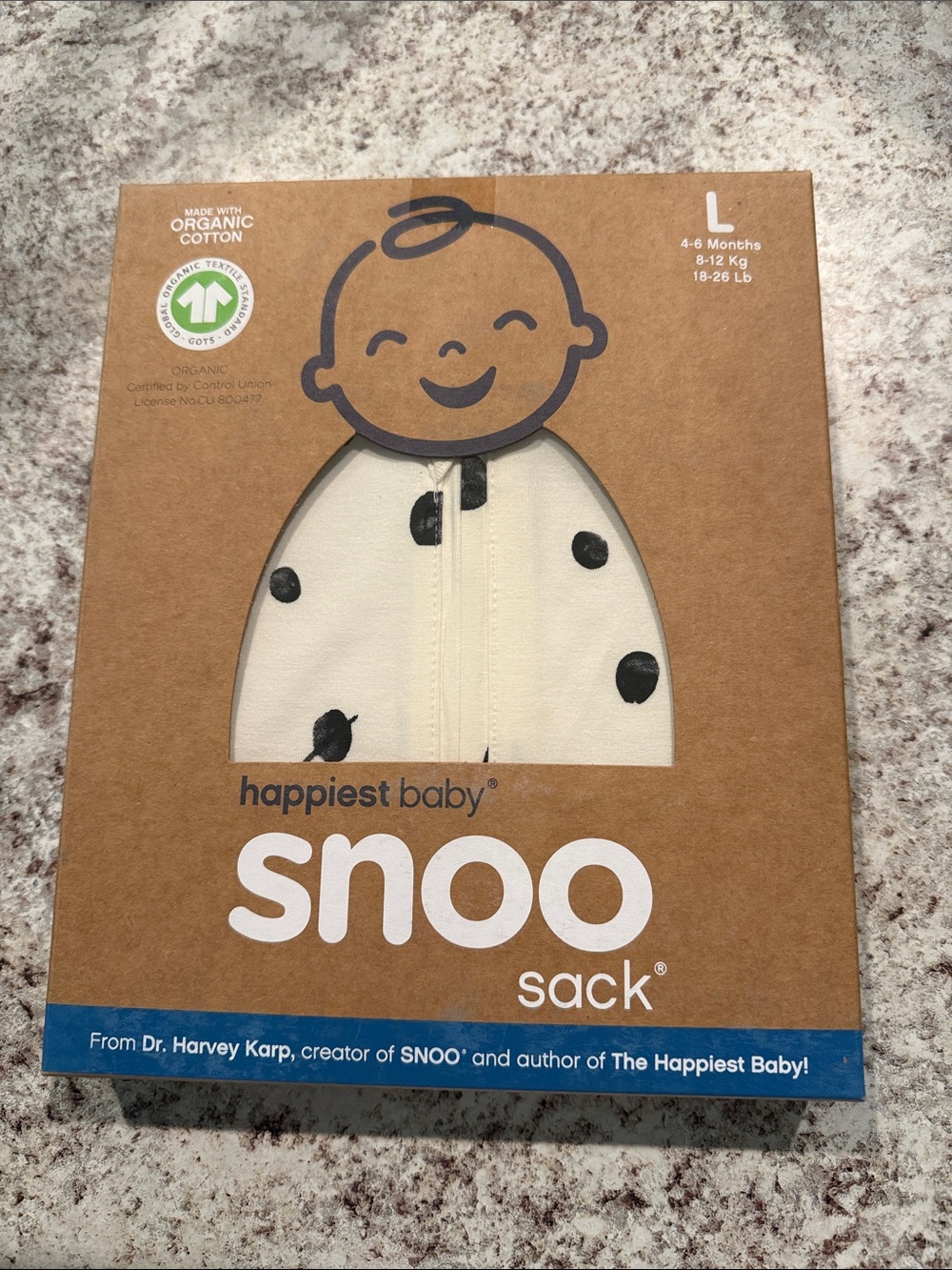 happiest baby Snoo Sack Sleep Sack – Cream with Black Dot Print (Size L)